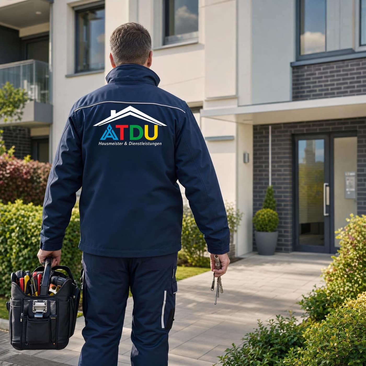 ATDU-Hausmeister bei der Objektkontrolle an einem betreuten Mehrfamilienhaus